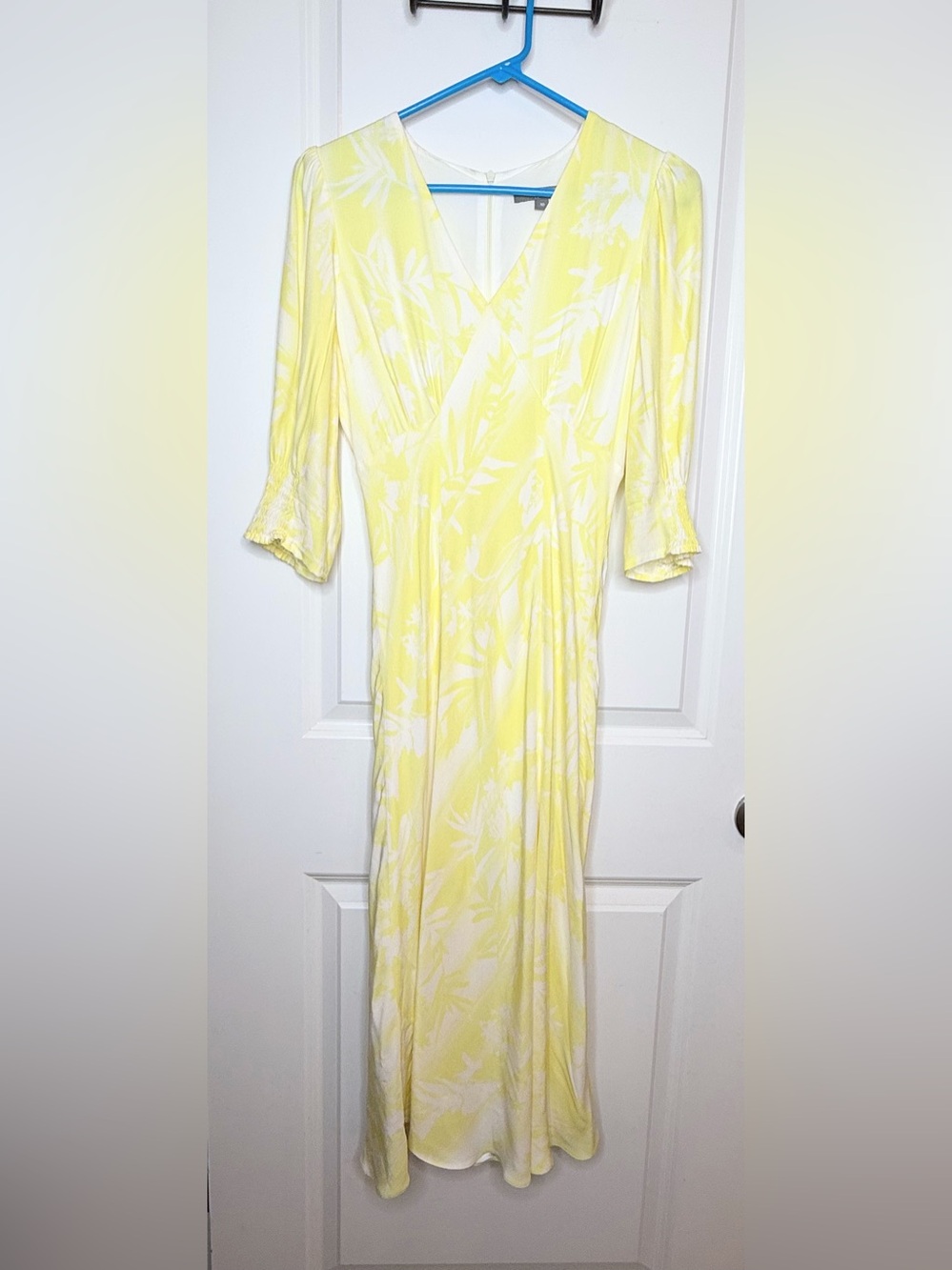 Fenn Wright Manson Petite 10 Yellow Floral Midi Dress V Neck 3/4 Sleeve